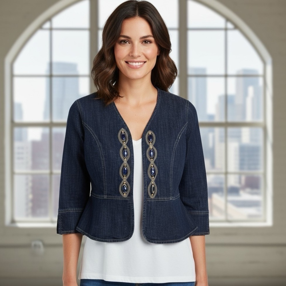 Lark Lane Blue Denim Beaded Front Jacket, Sz 8